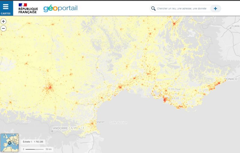 Carte en ligne pour voir la densité démographique en France Géoportail